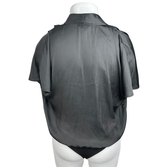 Paige Dijon Women's Black Short Futter Sleeve V Neck Wrap Bodysuit Blouse Top L - Picture 2 of 4